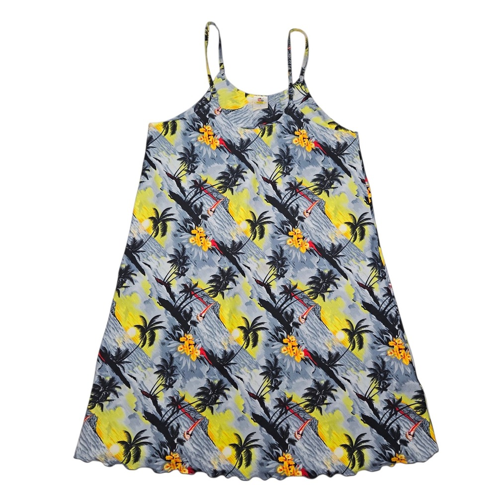 Rima Beachworld VTG Tropical Palm Tree Slip Dress Hawaiian Print Blue Yellow L